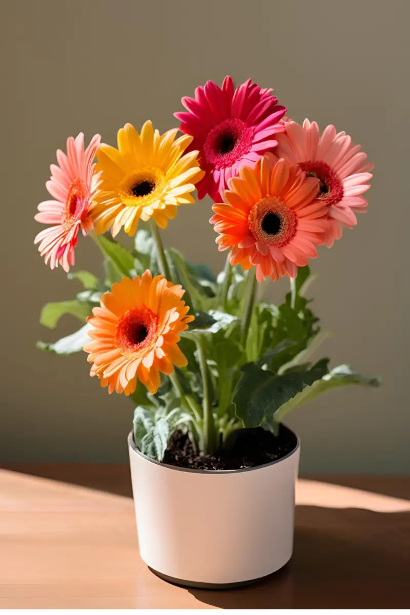 A vibrant Gerbera Daisy in an indoor setting with a cozy living room background