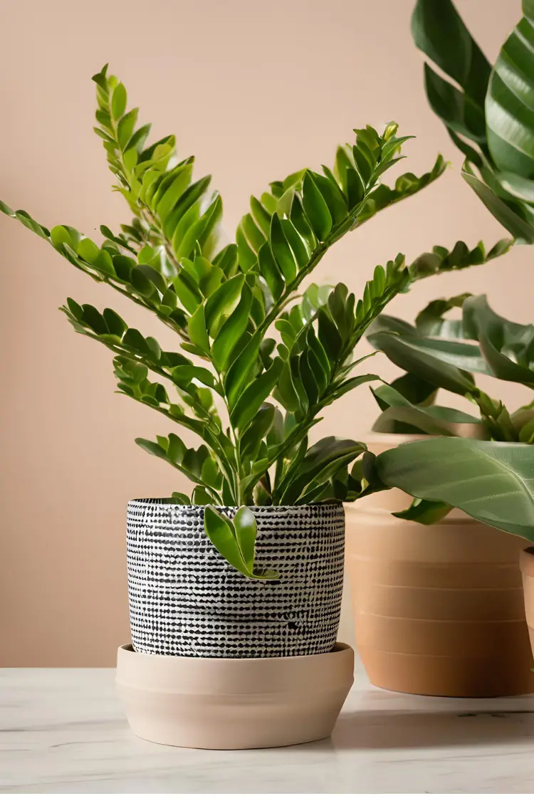 A ZZ Plant with glossy green leaves on a desk near a window.