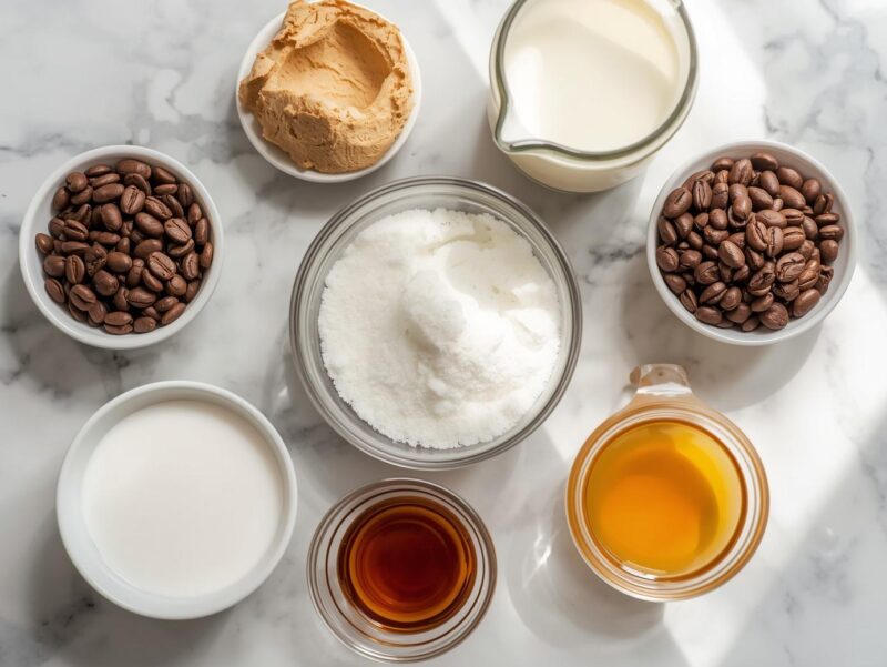 Ingredients for homemade coffee ice cream recipe laid out on counter