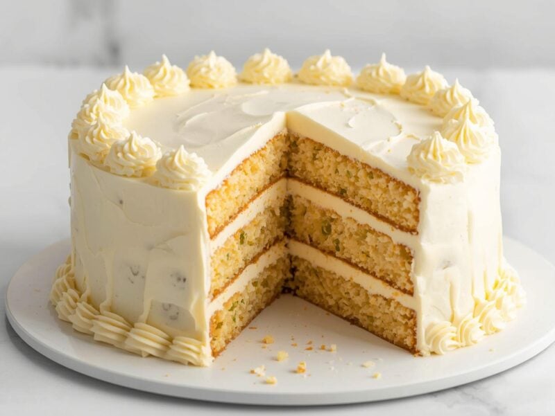 Sliced Eggnog Magic Cake showing three distinct layers