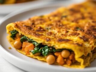 Chickpea Omelette with Curried Sweet Potato and Spinach
