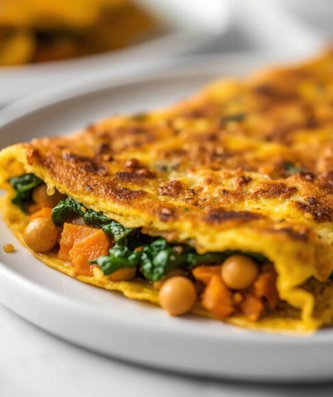 Chickpea Omelette with Curried Sweet Potato and Spinach