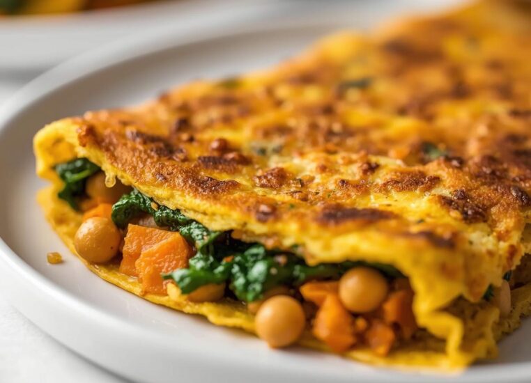 Chickpea Omelette with Curried Sweet Potato and Spinach