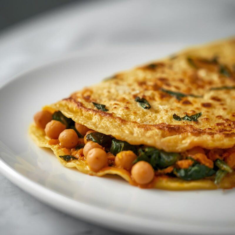 Chickpea Omelette with Curried Sweet Potato and Spinach
