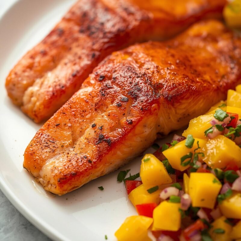 4 salmon fillets
2 tablespoons chili powder
1 teaspoon cumin
Juice of 2 limes
2 tablespoons olive oil
Salt and pepper to taste
1 ripe mango, diced
1/2 red bell pepper, diced
1/4 red onion, finely chopped
1/4 cup fresh cilantro, chopped
Juice of 1 lime
Salt to taste