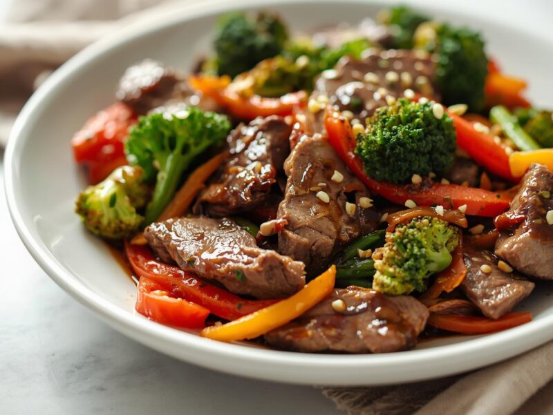Low-carb beef stir fry with broccoli, bell peppers, and other vegetables