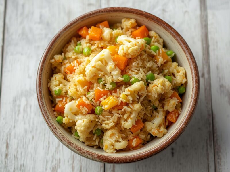 Cauliflower fried rice with vegetables and egg in a bowl