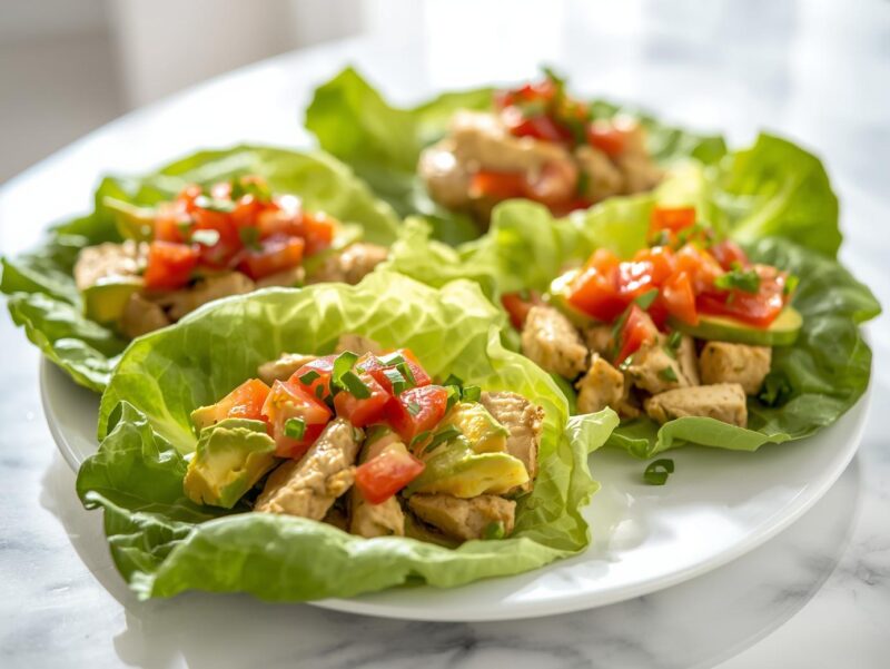 Chicken avocado lettuce wraps with diced tomatoes and herbs