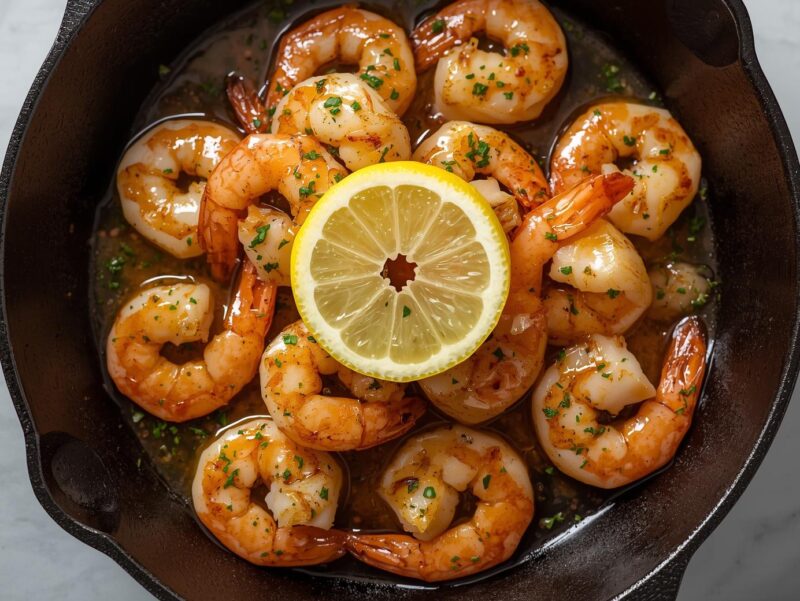 Garlic butter shrimp with herbs and lemon in a skillet