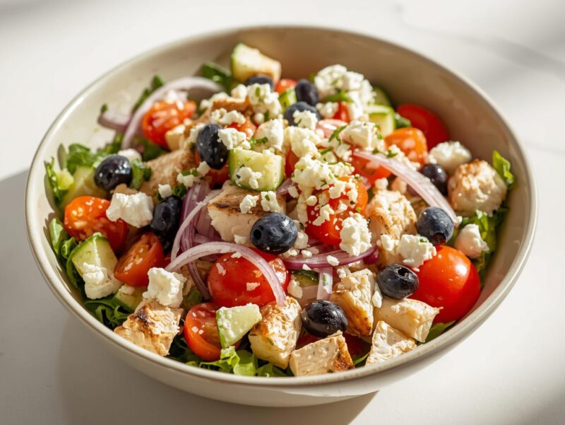 Greek chicken salad with feta cheese, olives, and vegetables in a bowl