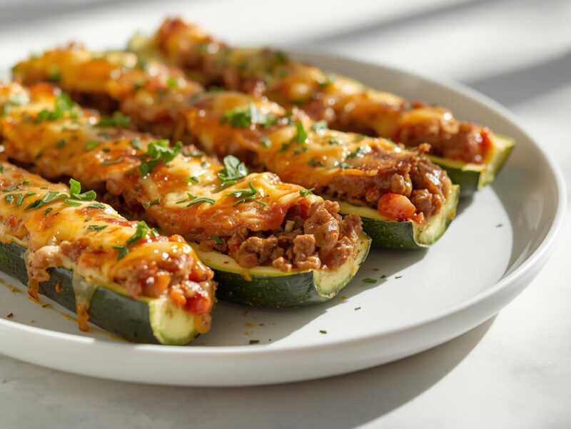 Stuffed zucchini boats filled with ground beef, cheese, and herbs on a white plate