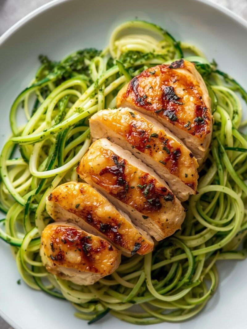 Zucchini Noodles with Pesto and Grilled Chicken