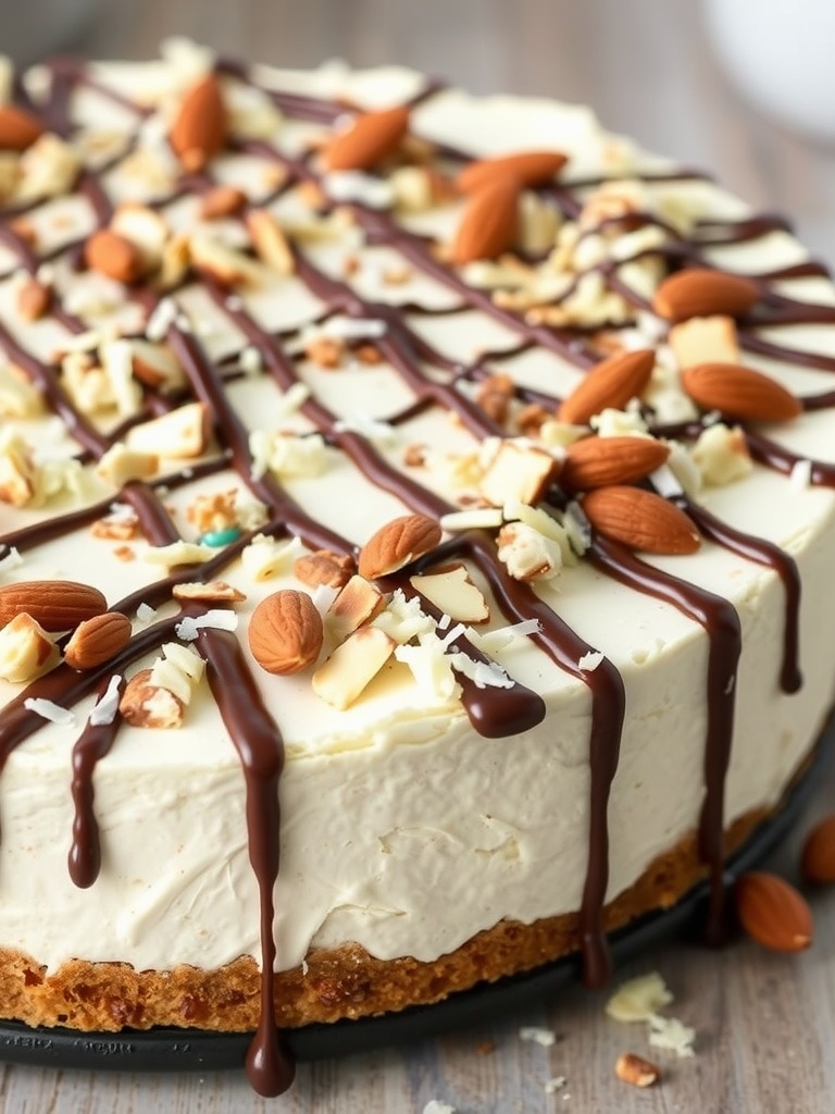 Almond Joy Cheesecake with chocolate drizzle and almond toppings