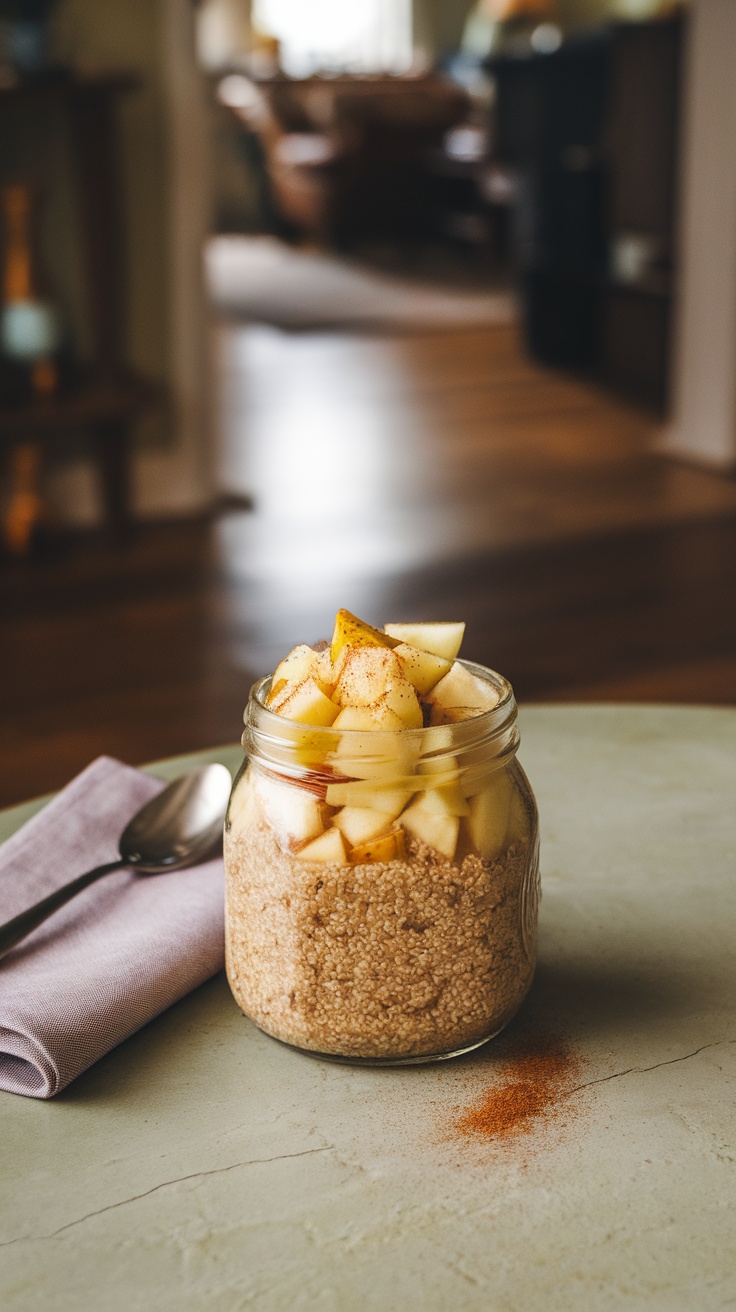 A jar of apple cinnamon overnight quinoa topped with diced apples and cinnamon.