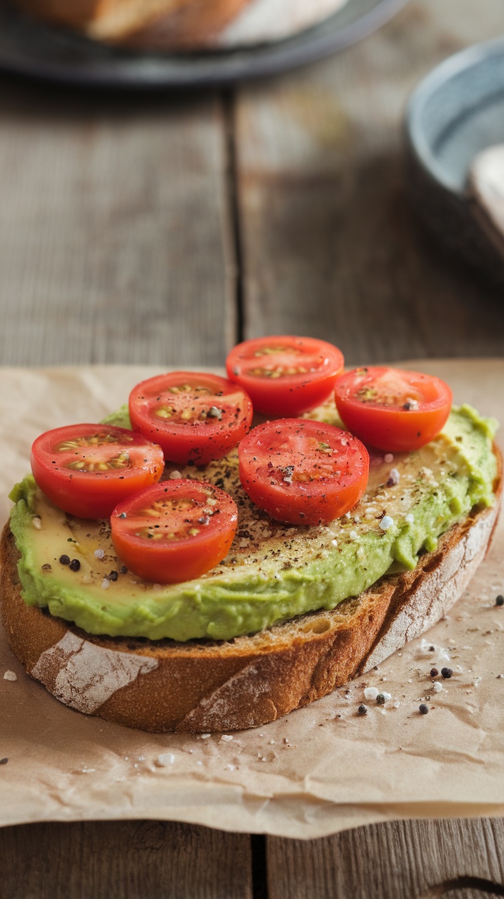 Avocado toast topped with cherry tomatoes, seasoned with salt and pepper on a rustic wooden surface.