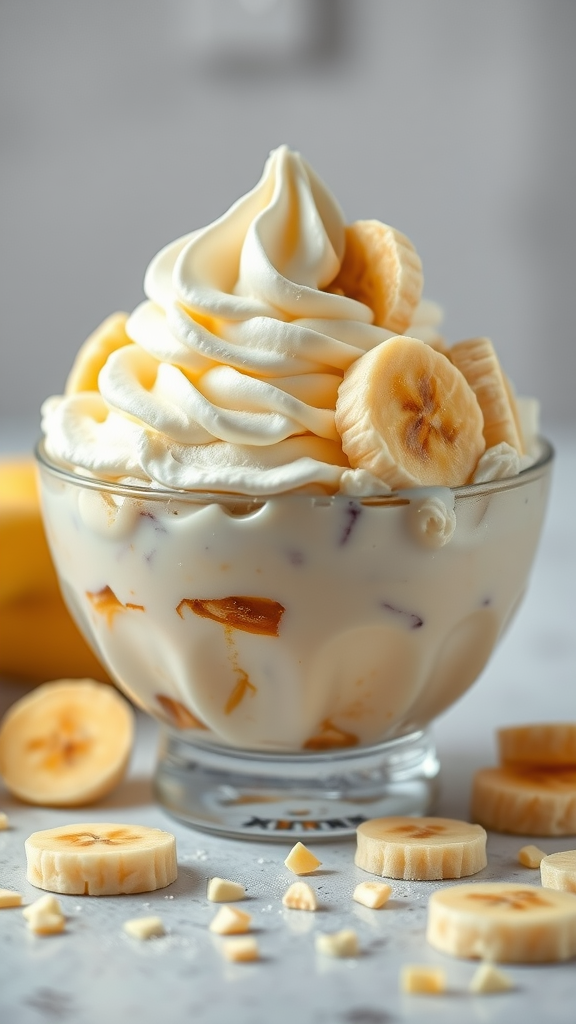 A bowl of creamy banana ice cream topped with whipped cream and banana slices.