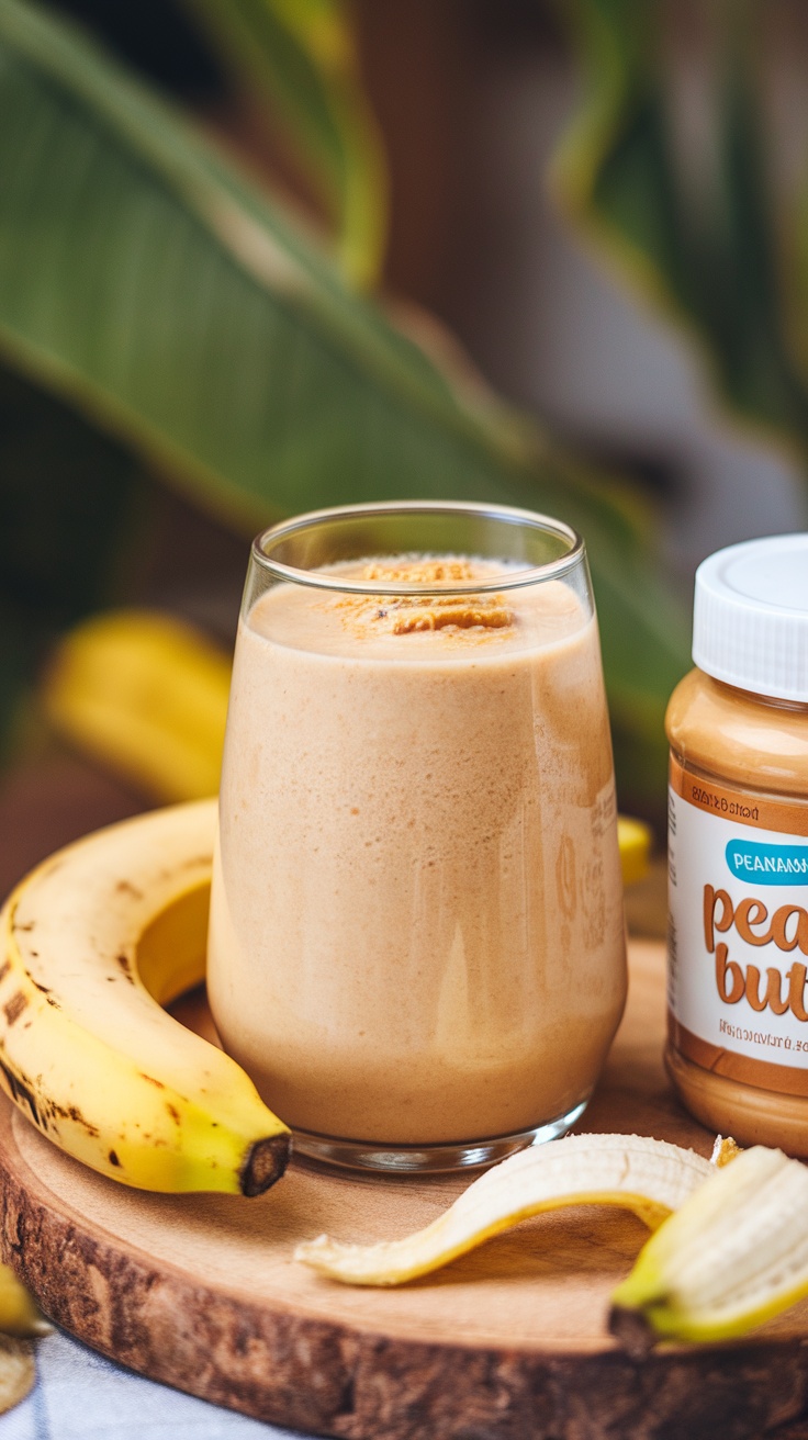 A delicious Banana Peanut Butter Smoothie in a glass with a banana and peanut butter jar beside it.