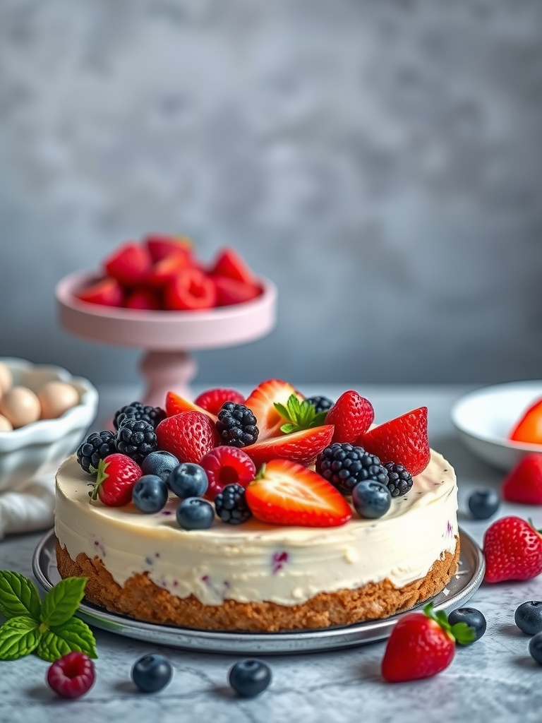 A delicious berry medley cheesecake topped with strawberries, blueberries, and blackberries.