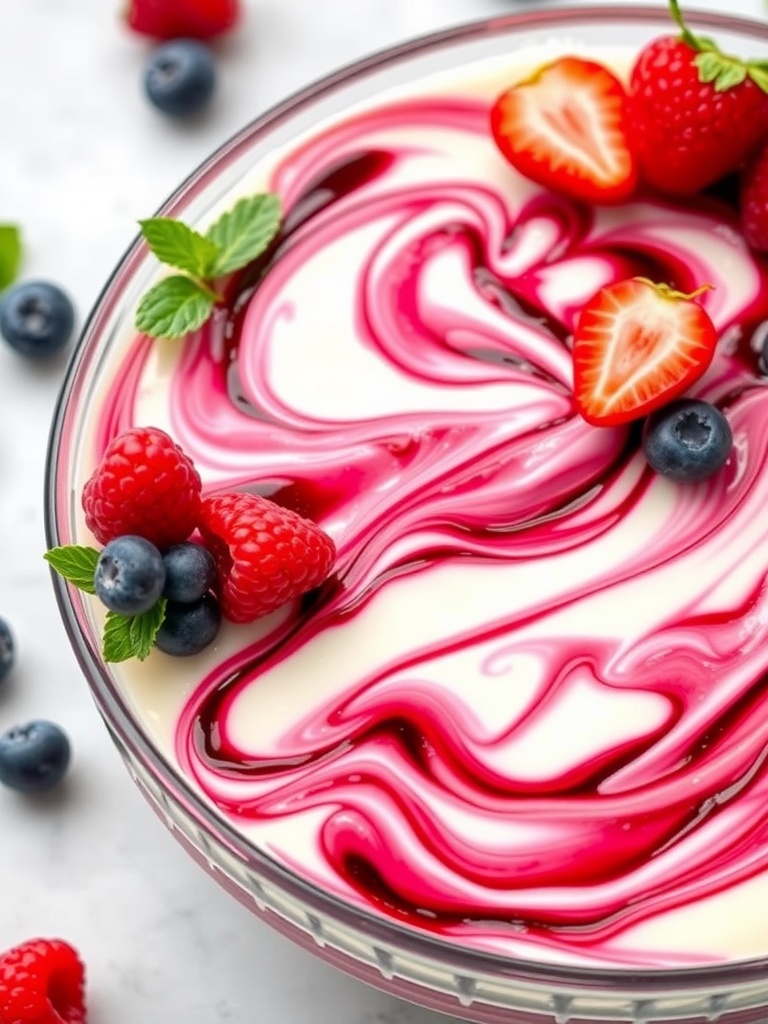 Delicious berry swirl no-bake cheesecake topped with fresh berries.