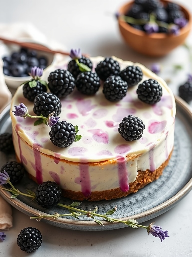 A beautiful blackberry lavender cheesecake topped with fresh berries