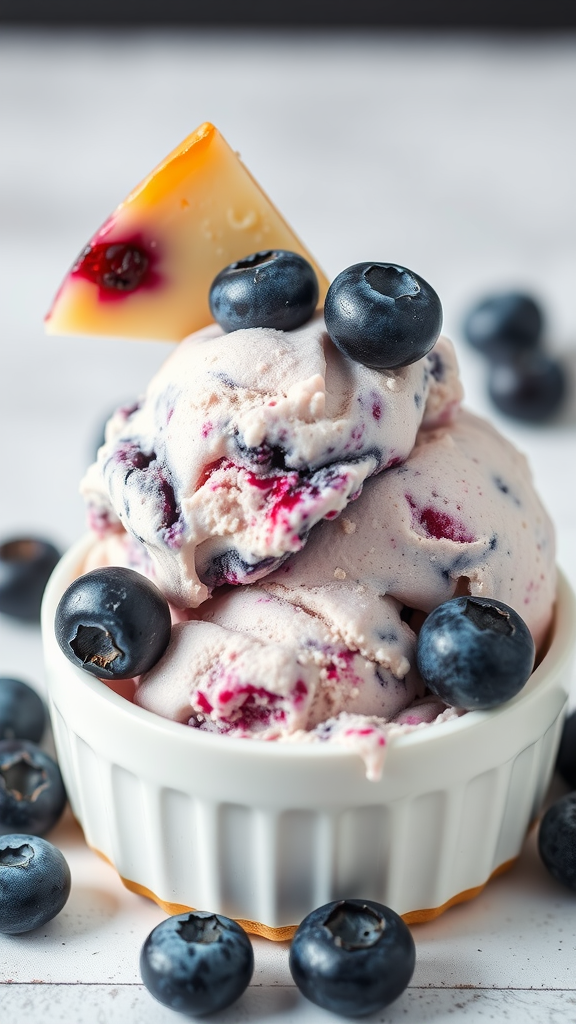 A delicious scoop of blueberry cheesecake ice cream topped with fresh blueberries.