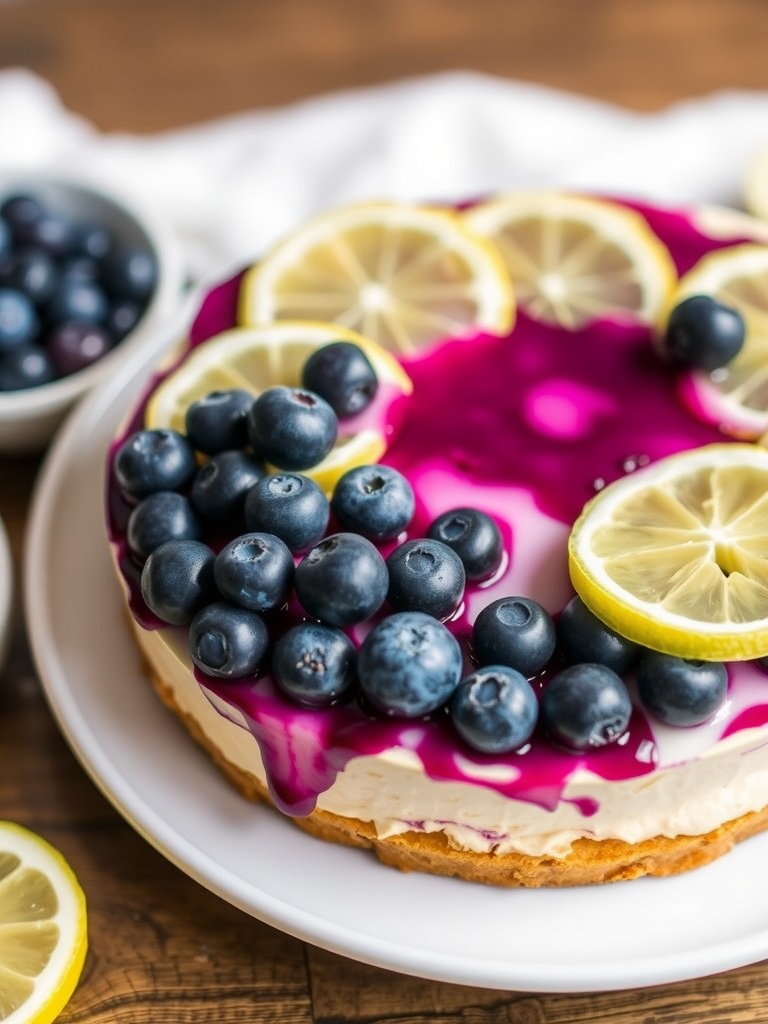 Blueberry Lemon Cheesecake topped with blueberries and lemon slices