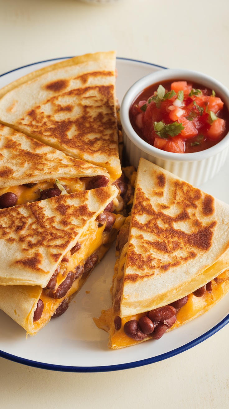 Delicious breakfast quesadilla with cheese and beans, served with salsa