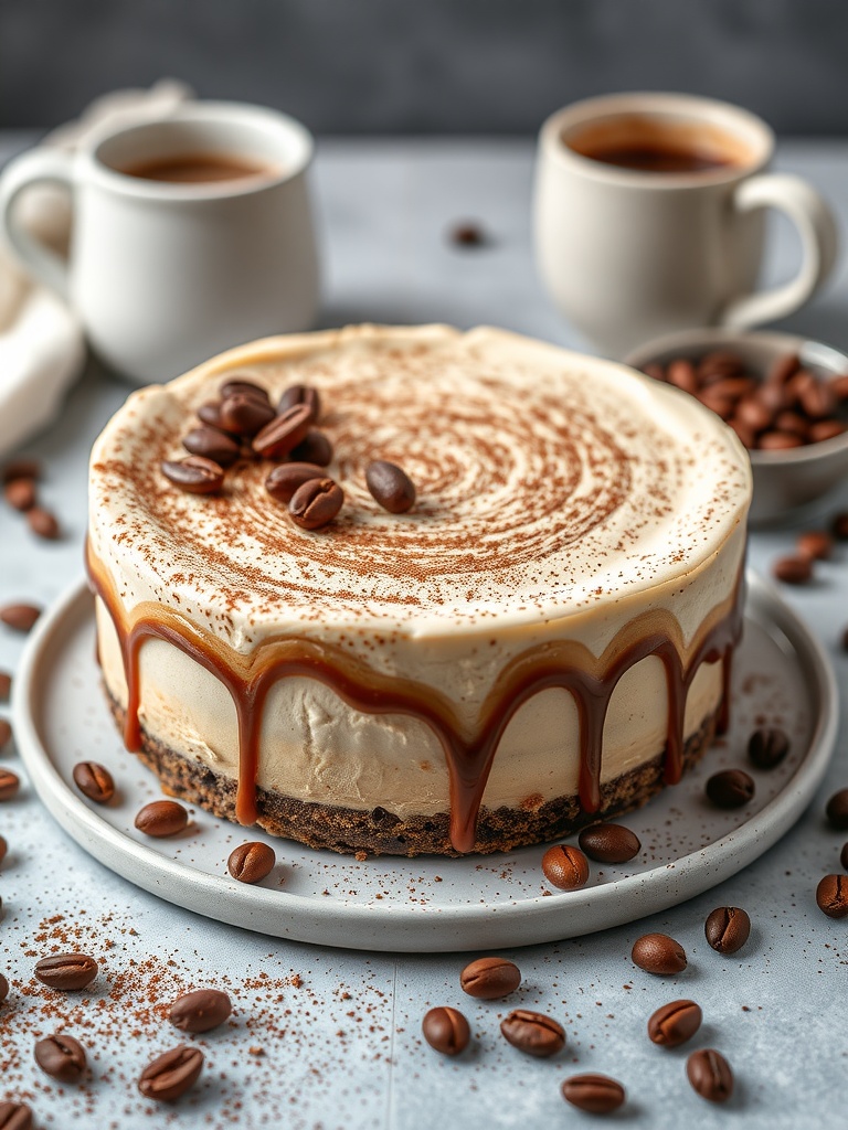 A beautifully presented cappuccino cheesecake with a dusting of cocoa powder and coffee beans.