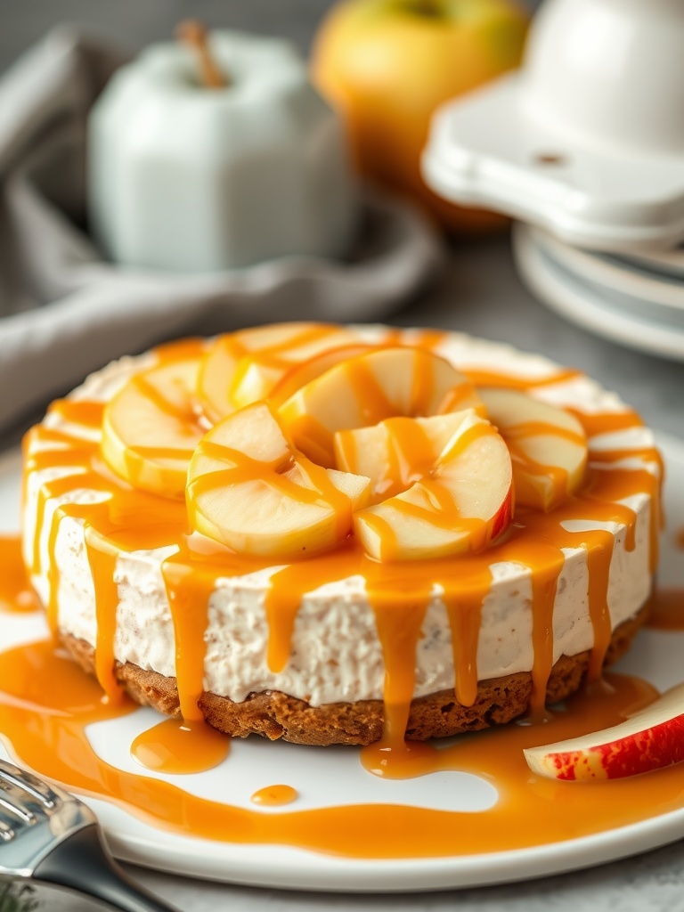 A delicious caramel apple cheesecake topped with apple slices and caramel drizzle.