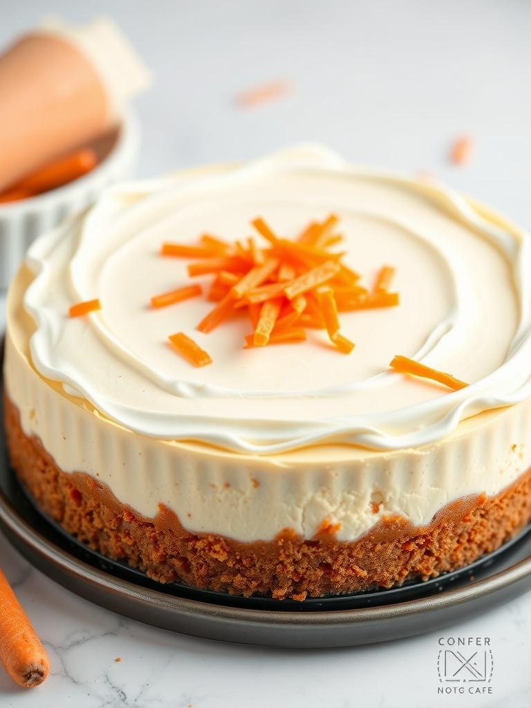 A slice of carrot cake cheesecake topped with cream cheese frosting and carrot shavings.