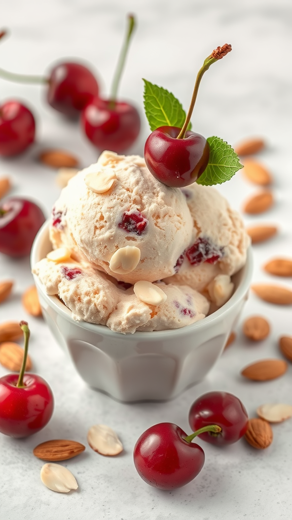 A bowl of cherry almond ice cream with fresh cherries and almonds