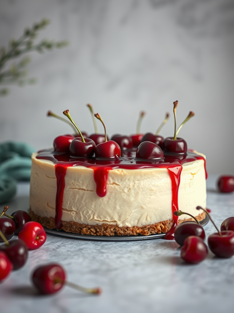 A delicious no-bake cherry vanilla cheesecake topped with cherries and cherry sauce.
