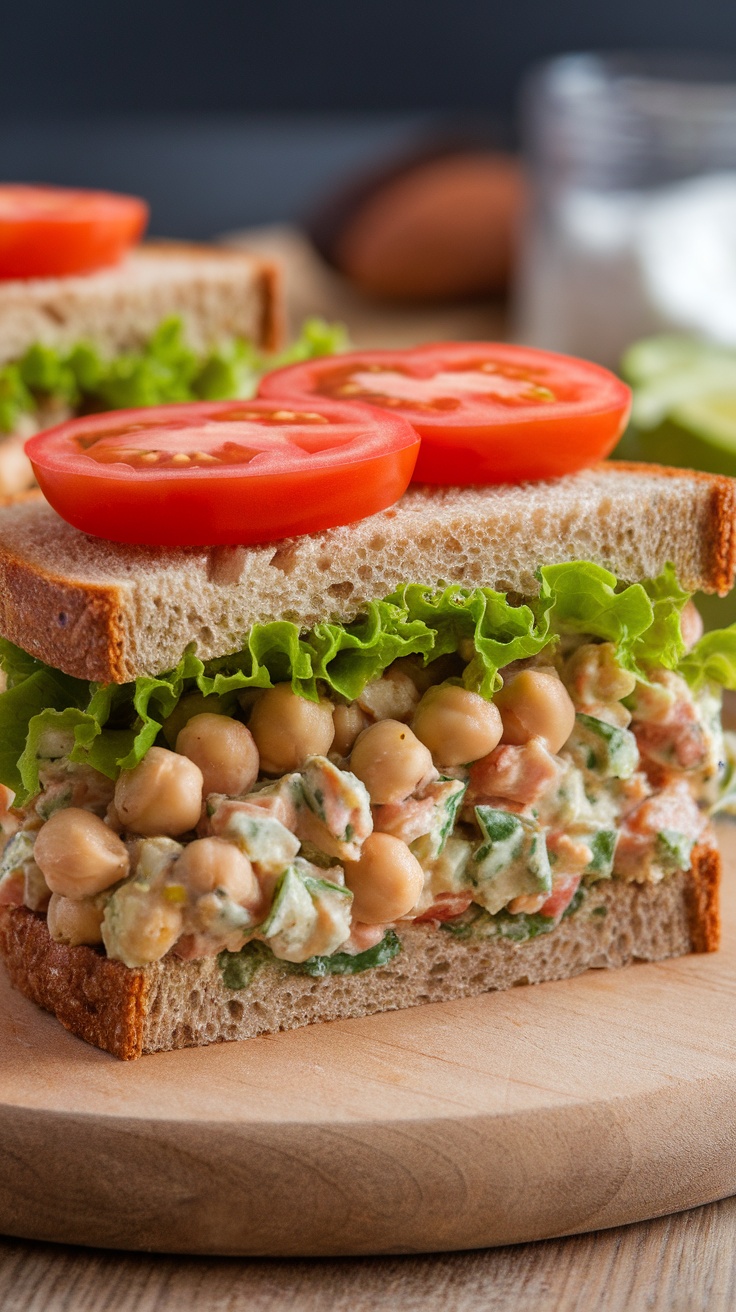 Chickpea salad sandwich with lettuce and tomato, served on whole grain bread.