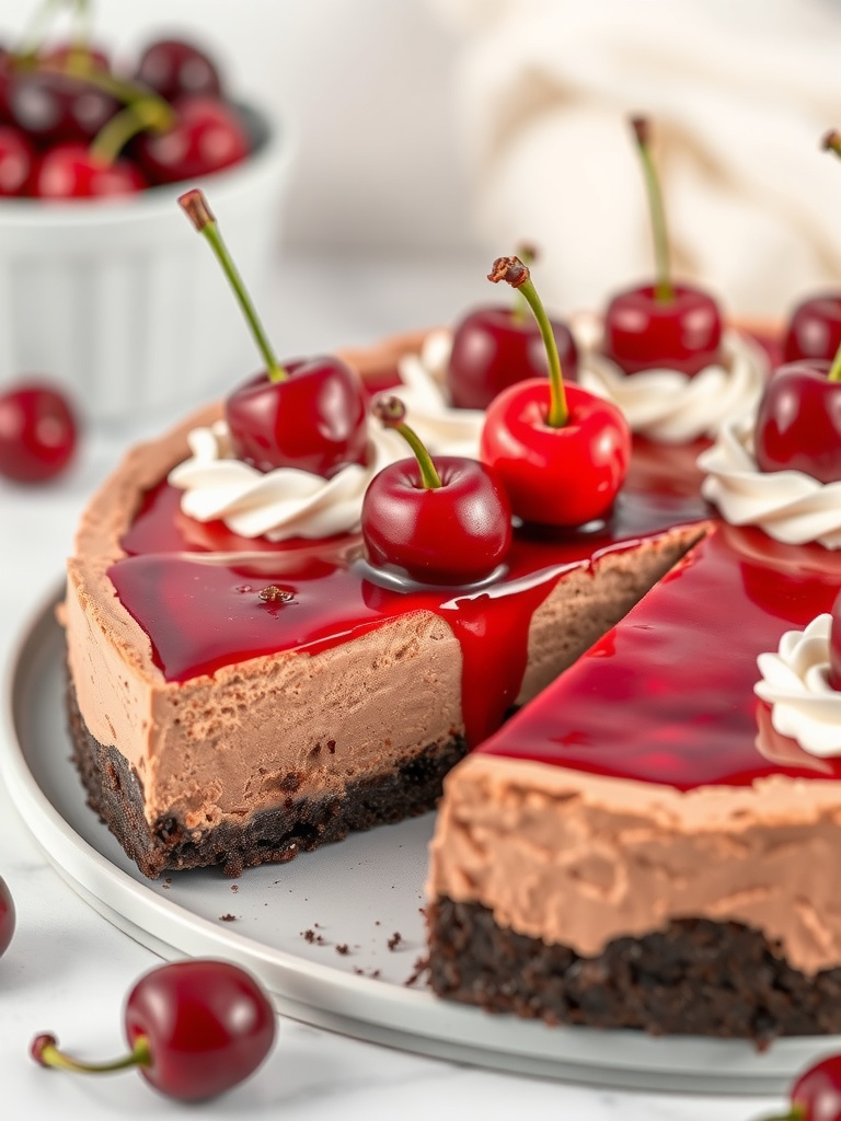A delicious chocolate cherry cheesecake topped with fresh cherries and chocolate sauce.