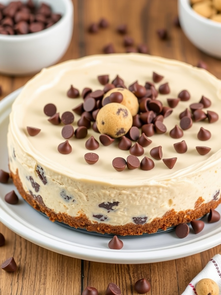Chocolate Chip Cookie Dough Cheesecake topped with cookie dough balls and chocolate chips