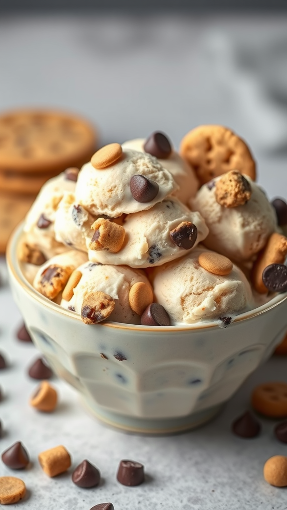 A bowl of chocolate chip cookie dough ice cream topped with cookie pieces and chocolate chips.