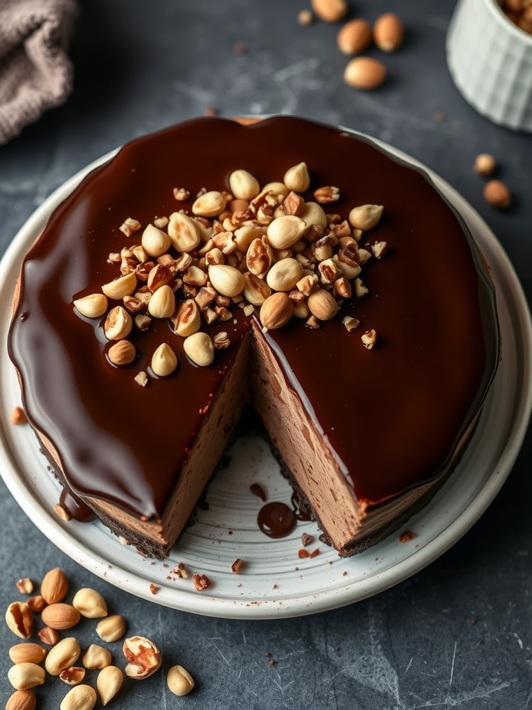 Chocolate Hazelnut Cheesecake topped with hazelnuts and chocolate ganache