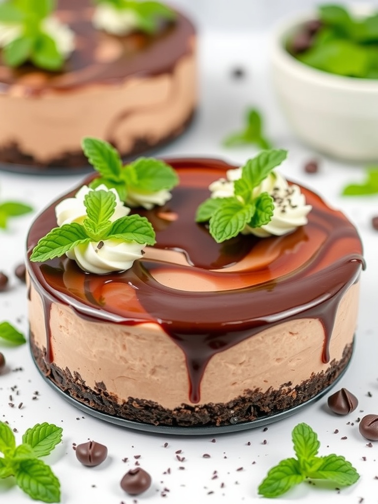 A delicious Chocolate Mint Cheesecake topped with mint leaves and chocolate drizzle.