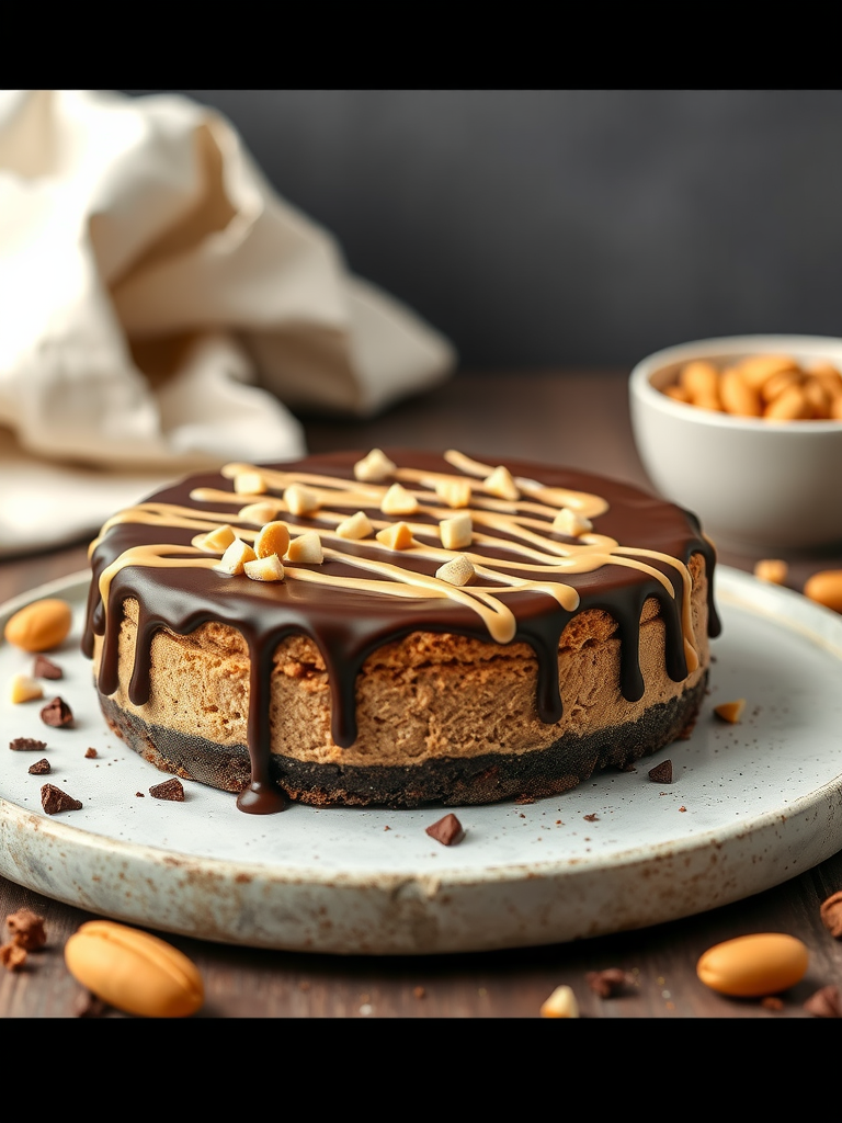 A delicious Chocolate Peanut Butter Cheesecake drizzled with chocolate and topped with peanuts.
