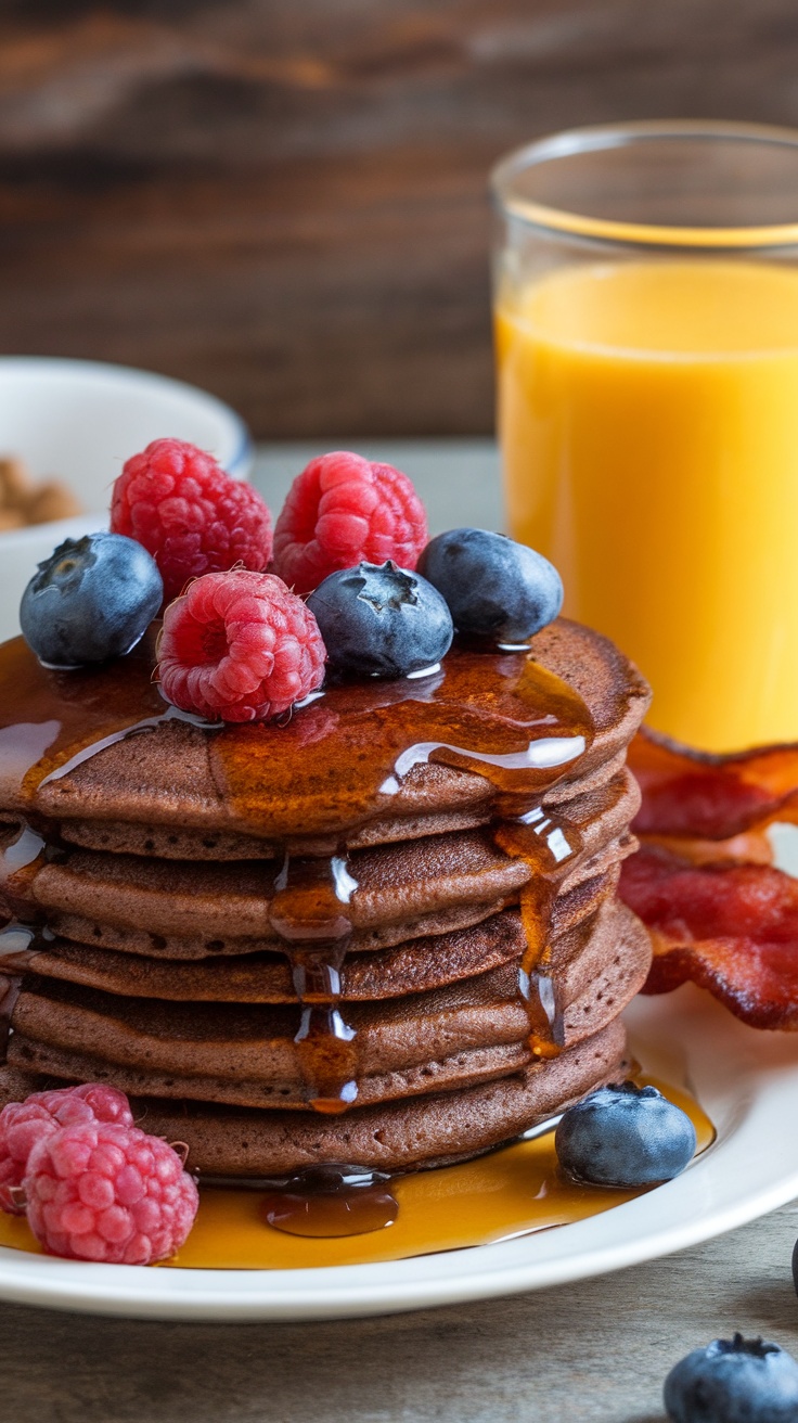 Stack of chocolate protein pancakes topped with fresh berries and syrup