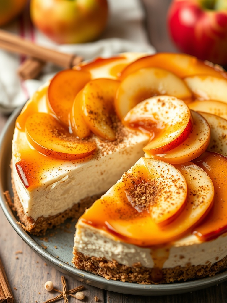 Cinnamon Apple Cheesecake with apple slices and cinnamon sticks