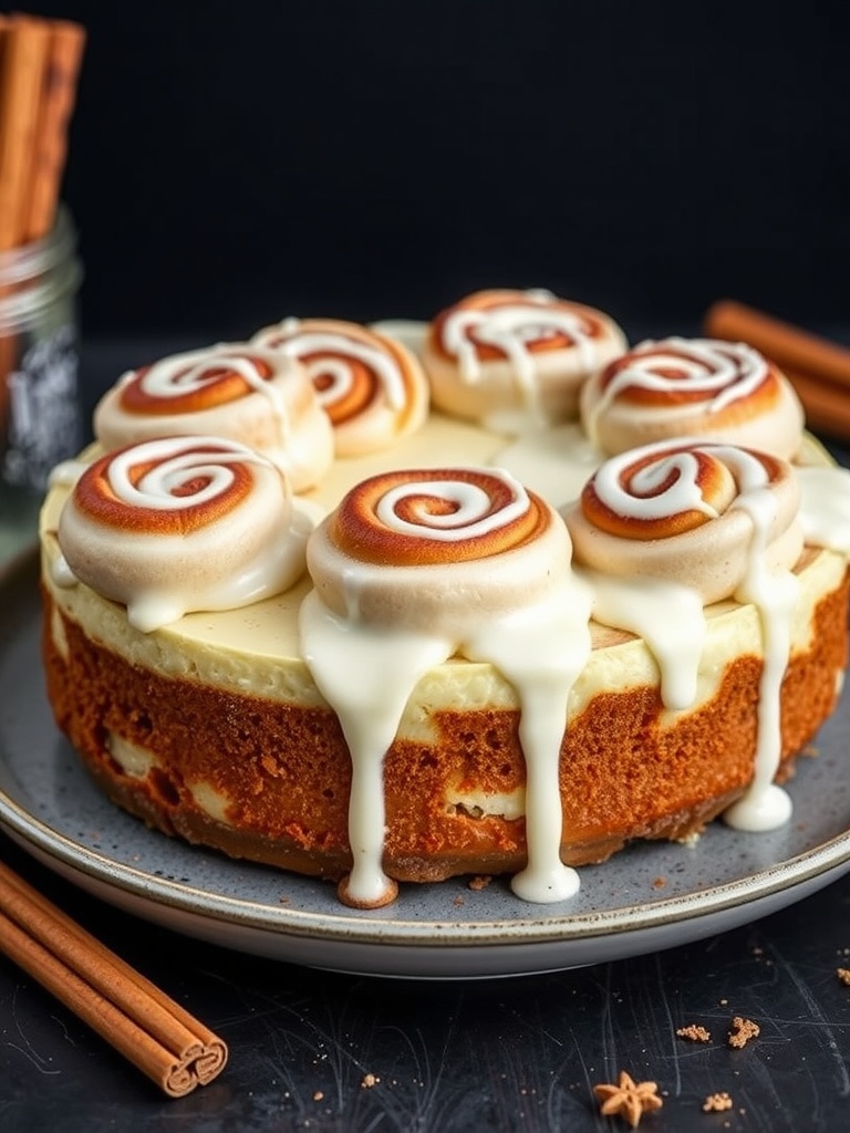A delicious Cinnamon Roll Cheesecake with swirls of frosting on top, garnished with cinnamon sticks.