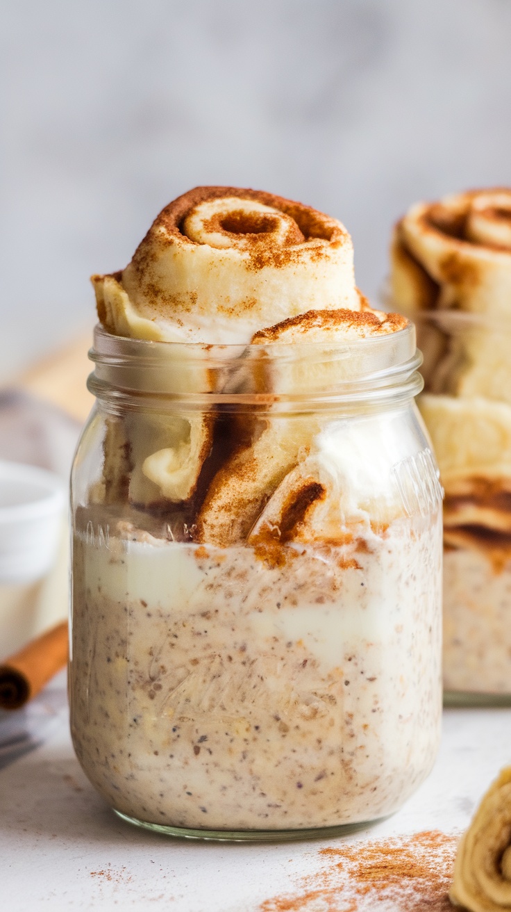 A jar of cinnamon roll overnight oats topped with cinnamon rolls.
