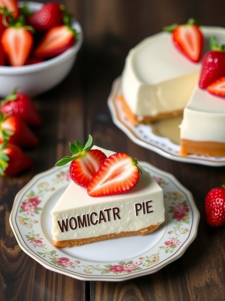 A slice of classic no-bake vanilla cheesecake topped with fresh strawberries on a decorative plate.