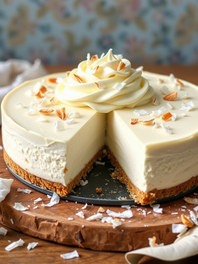 A delicious no-bake coconut cream cheesecake topped with whipped cream and coconut flakes.
