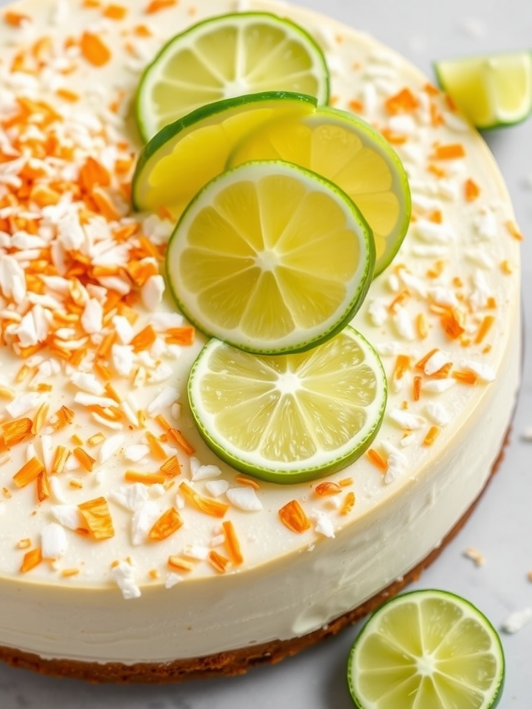 Coconut Lime Cheesecake topped with lime slices and shredded coconut.