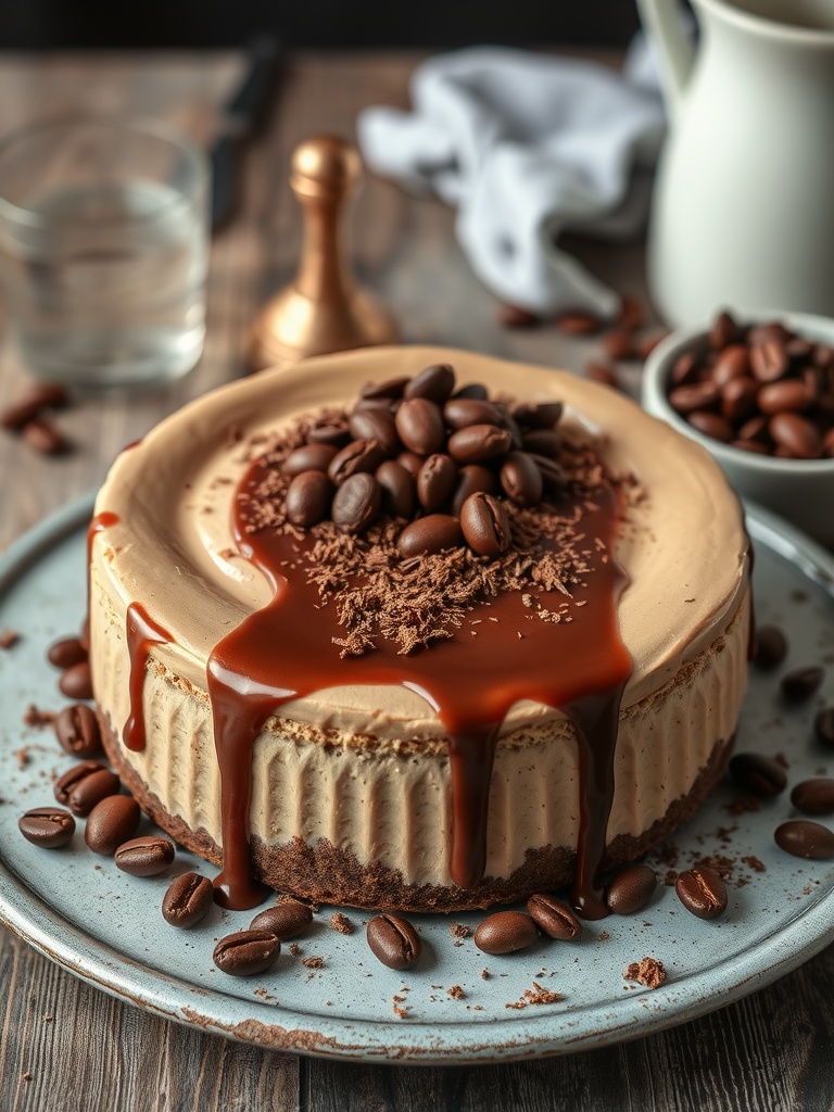 A delicious coffee mocha cheesecake topped with chocolate shavings and coffee beans.