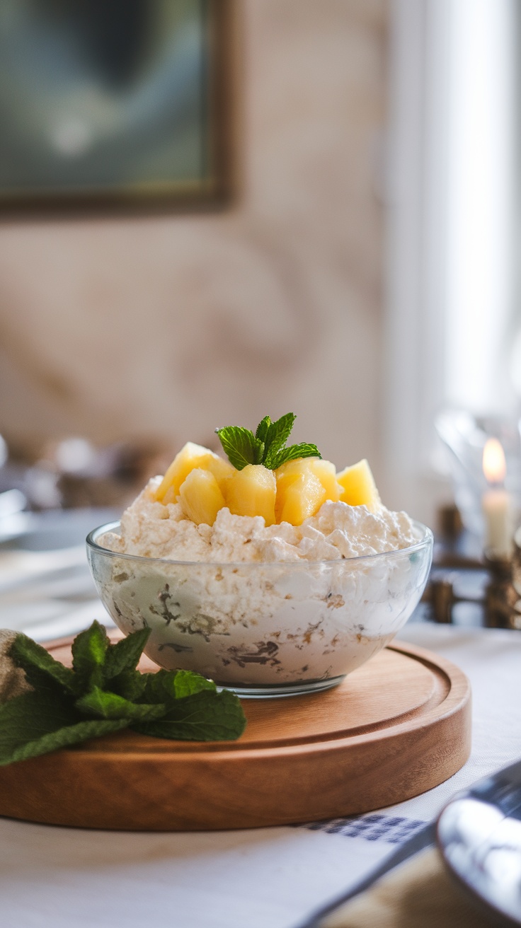 A bowl of cottage cheese topped with pineapple chunks and mint leaves.