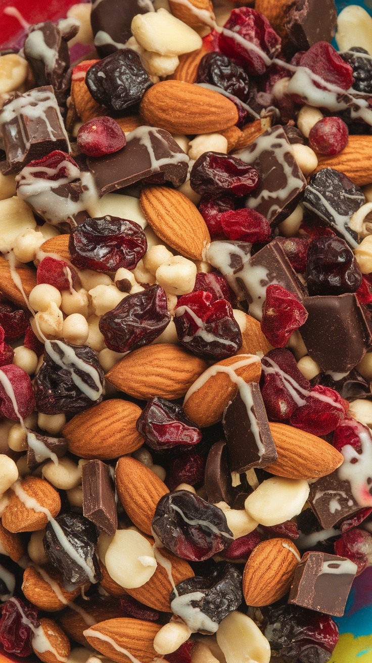 A colorful assortment of nuts, dried fruits, and chocolate chips mixed together.
