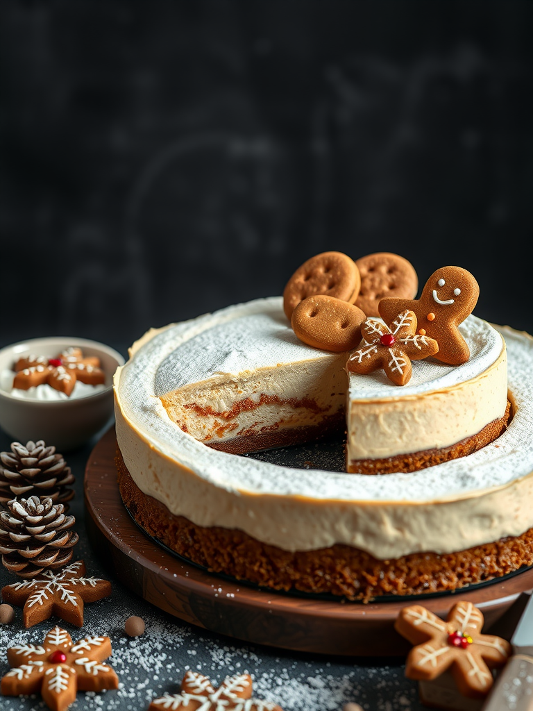 Delicious gingerbread cheesecake decorated with gingerbread cookies